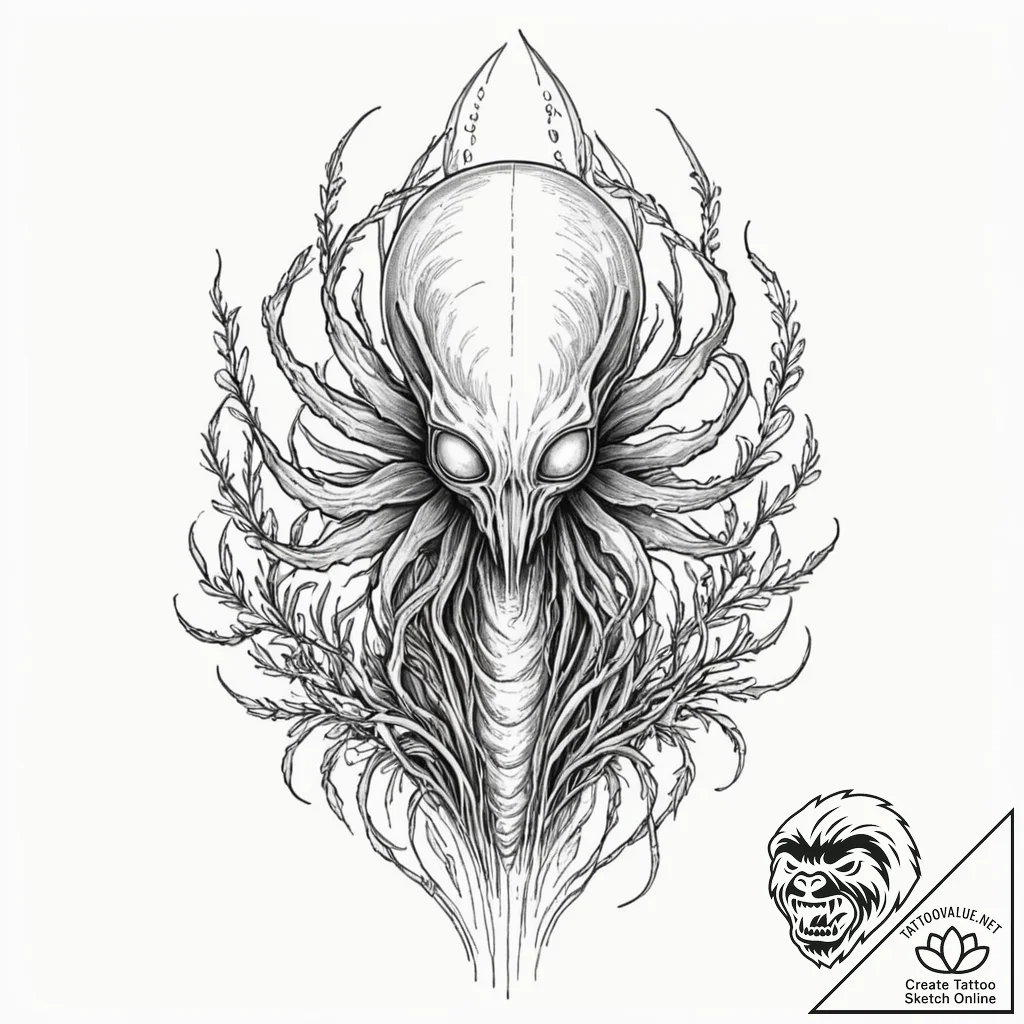 Tattoo sketch, xenobiotic seed pod, blooming... - tattoo sketch (№1752456855_0, 14.07.2025 01:34) — tattoovalue.net