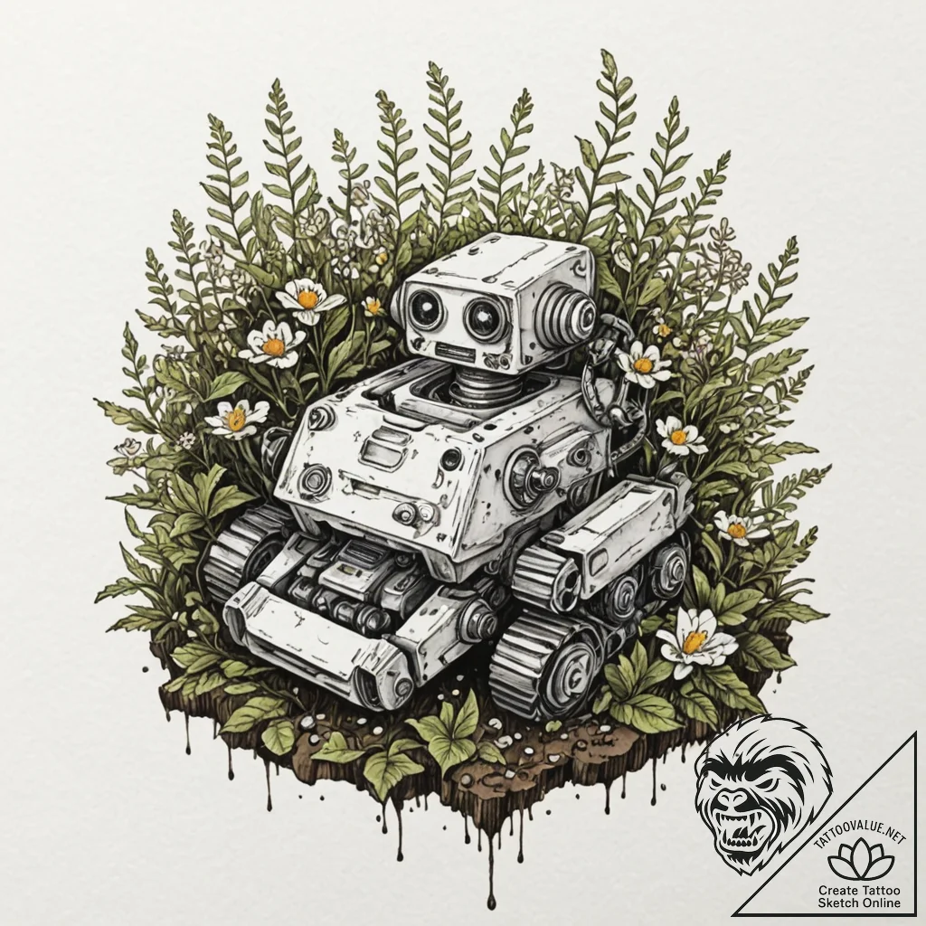 Tattoo sketch, lost robot in nature, a small,... - tattoo sketch (№1752457193_0, 14.07.2025 01:39) — tattoovalue.net