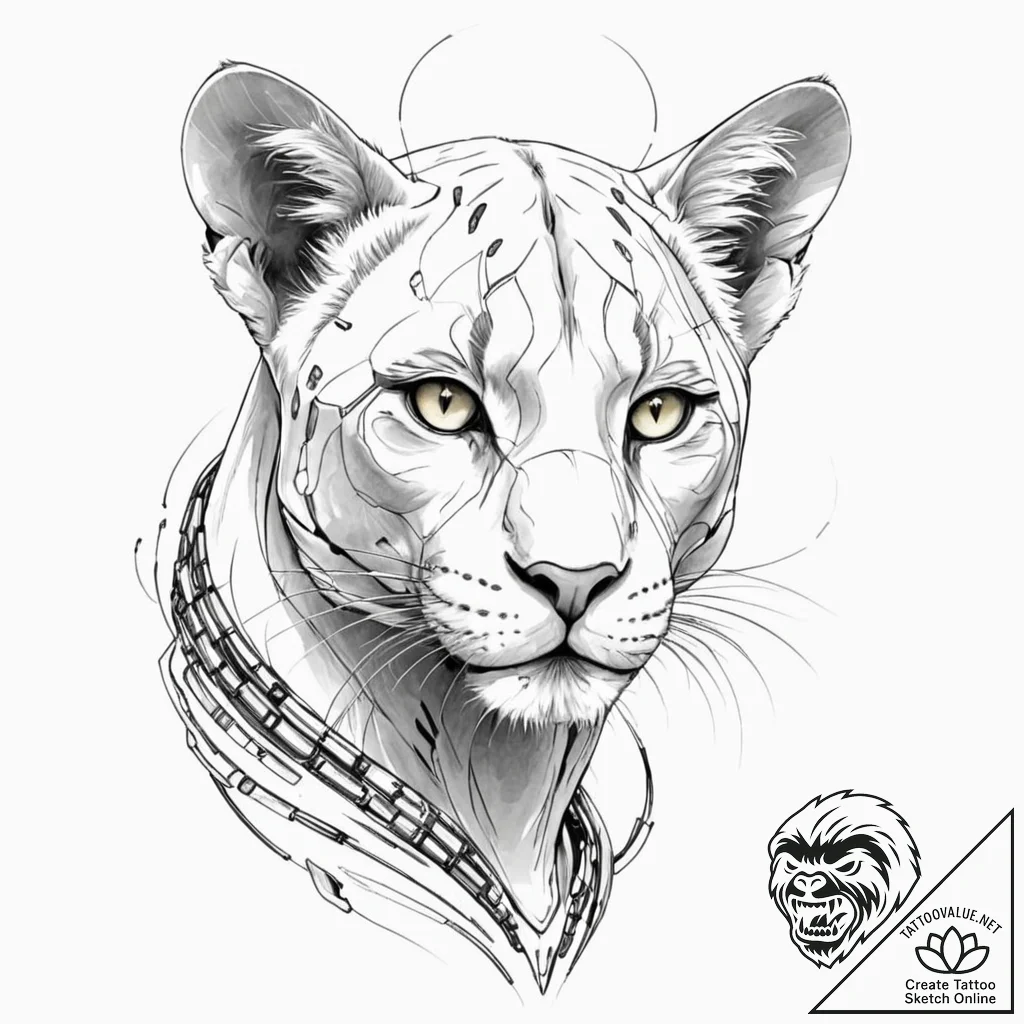 Tattoo sketch, futuristic feline guardian, a... - tattoo sketch (№1752457783_0, 14.07.2025 01:49) — tattoovalue.net