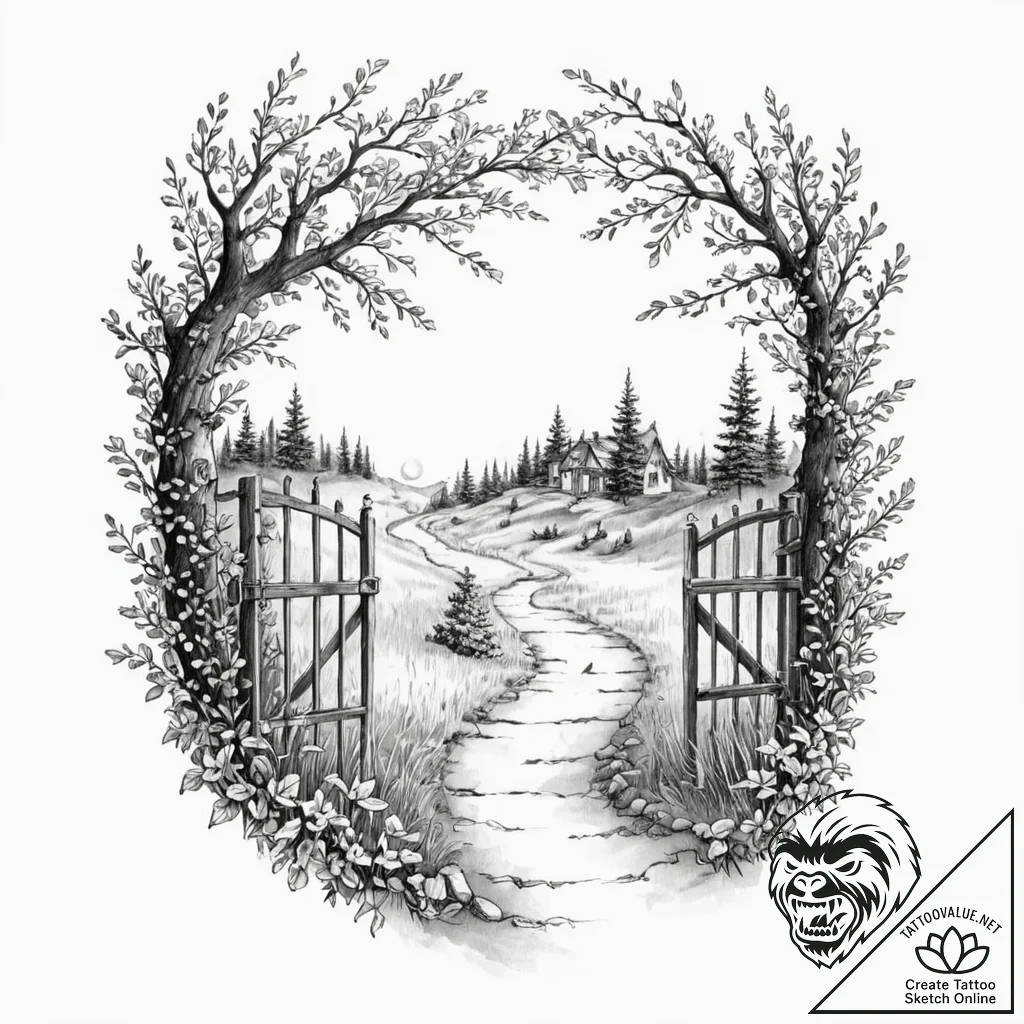 Tattoo sketch, journey's end gate, an elegant... - tattoo sketch (№1752458283_0, 14.07.2025 01:58) — tattoovalue.net