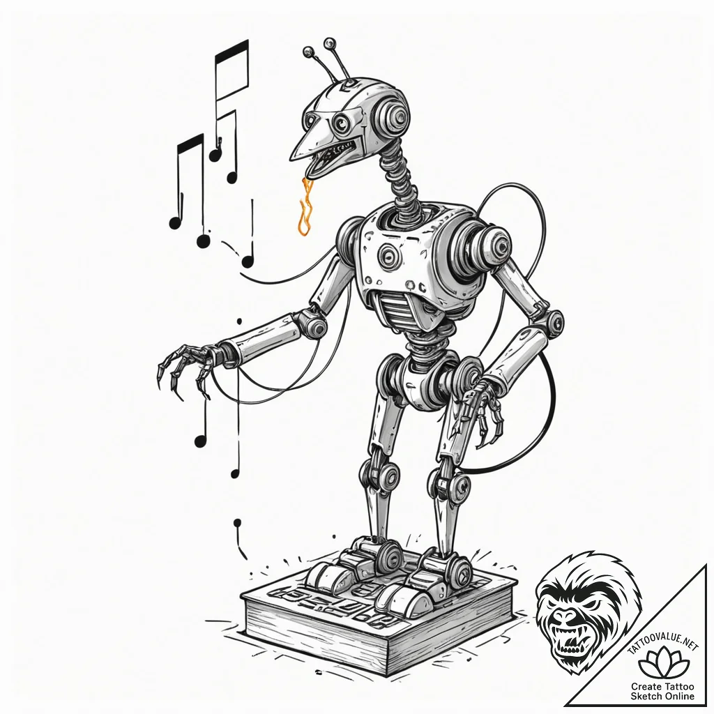 Tattoo sketch, robotic bird, singing code, a... - tattoo sketch (№1752458950_0, 14.07.2025 02:09) — tattoovalue.net