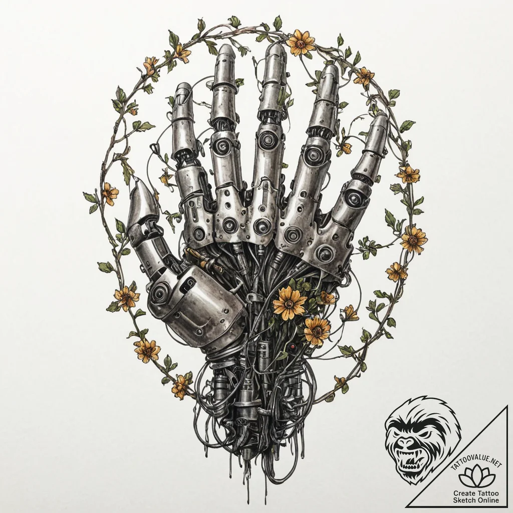 Tattoo sketch, overgrown robot hand, a detail... - tattoo sketch (№1752459117_0, 14.07.2025 02:11) — tattoovalue.net
