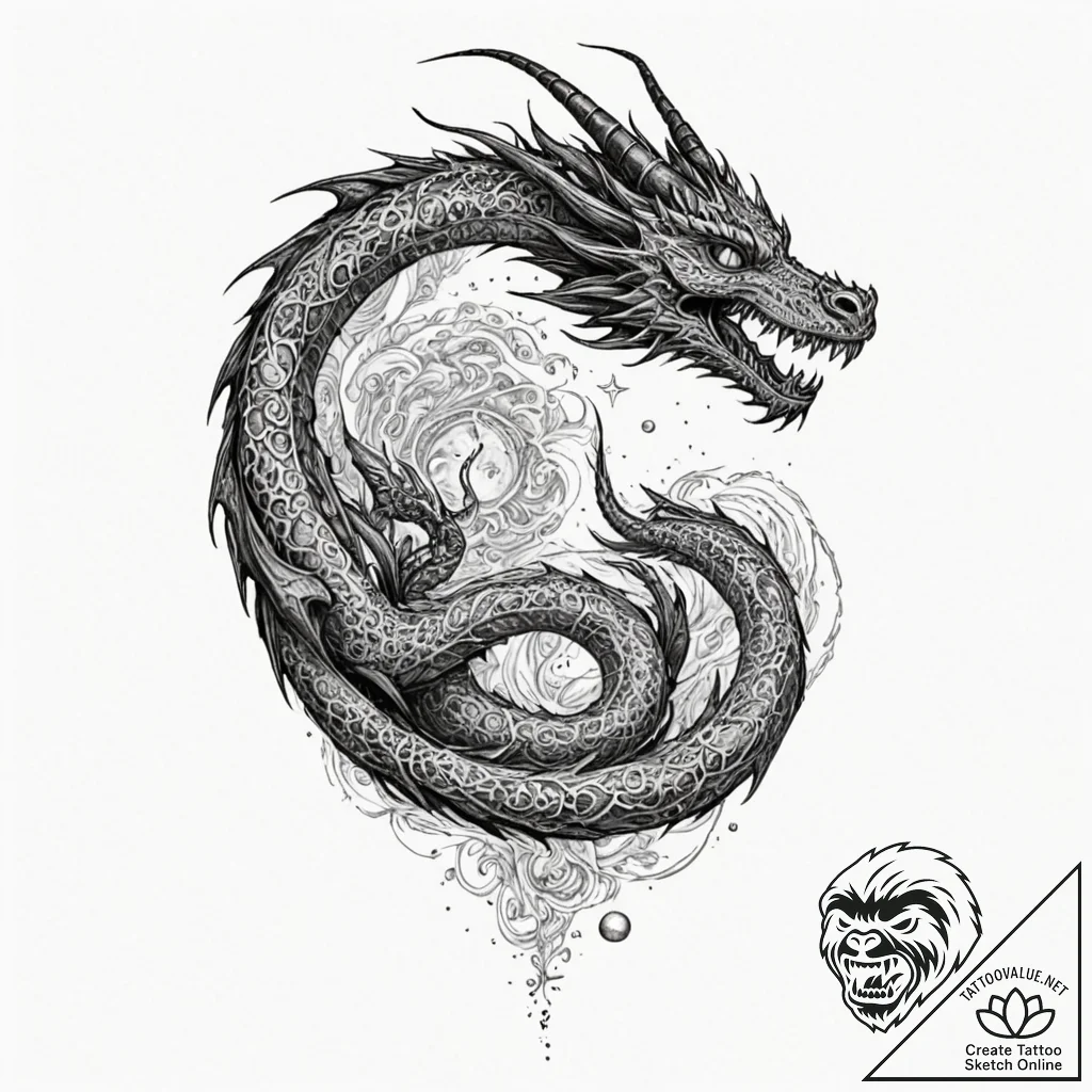 Tattoo sketch, lucid dragon dreamer, a powerf... - tattoo sketch (№1752459287_0, 14.07.2025 02:14) — tattoovalue.net
