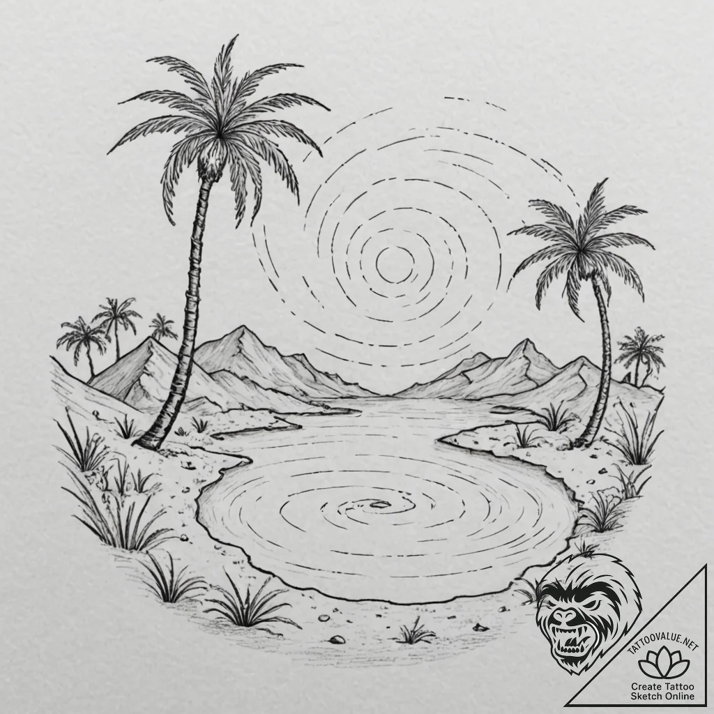 Tattoo sketch, kinetic sandstorm oasis, a des... - tattoo sketch (№1752459875_0, 14.07.2025 02:24) — tattoovalue.net