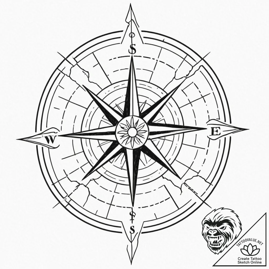 Tattoo sketch, celestial compass: a compass t... - tattoo sketch (№1752460126_0, 14.07.2025 02:28) — tattoovalue.net