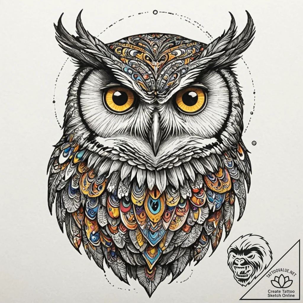 Tattoo sketch, owl, gaze of otherworldy visio... - tattoo sketch (№1752460791_0, 14.07.2025 02:39) — tattoovalue.net