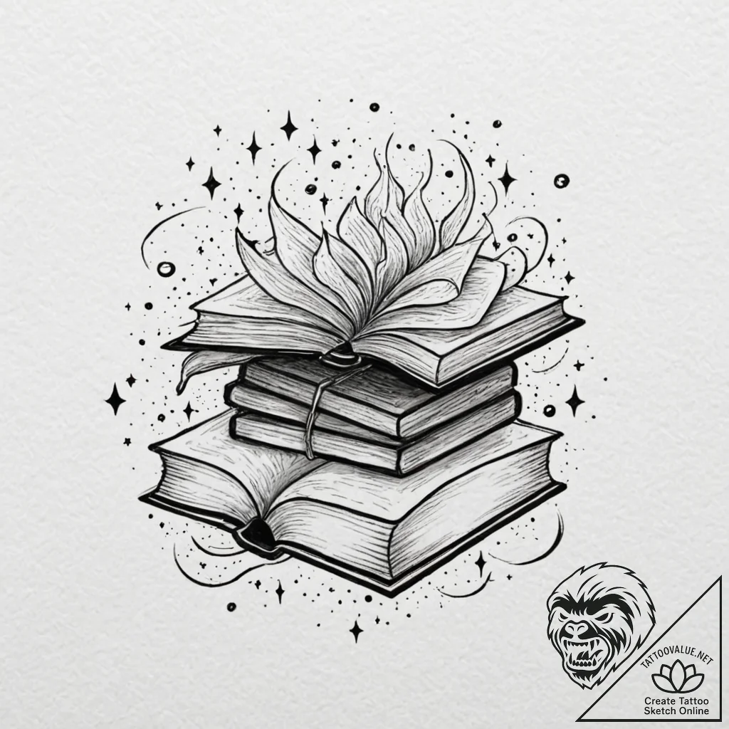 Tattoo sketch, floating library books, a clus... - tattoo sketch (№1752461716_0, 14.07.2025 02:55) — tattoovalue.net