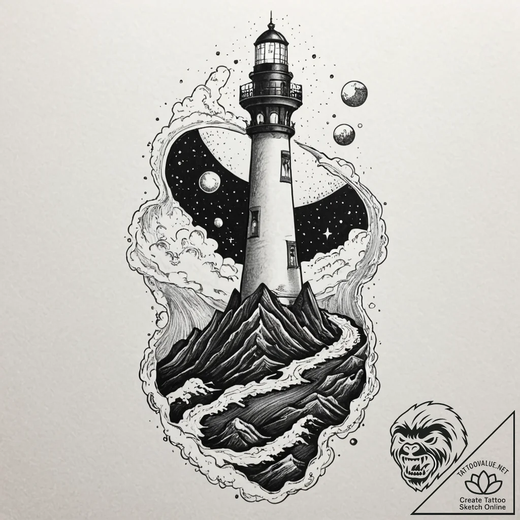 Tattoo sketch, deep space lighthouse, a tall,... - tattoo sketch (№1752462557_0, 14.07.2025 03:09) — tattoovalue.net