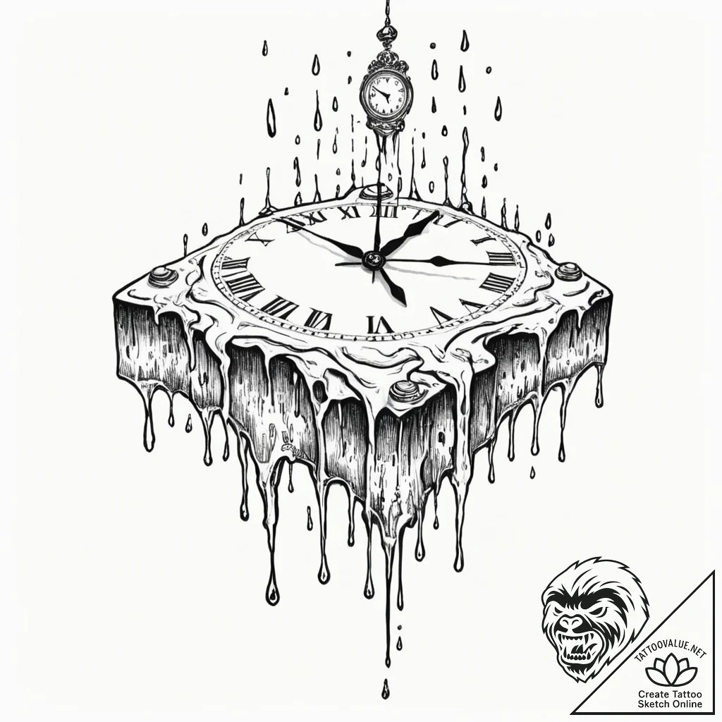 Tattoo sketch, melting clock, digital drippin... - tattoo sketch (№1752462809_0, 14.07.2025 03:13) — tattoovalue.net
