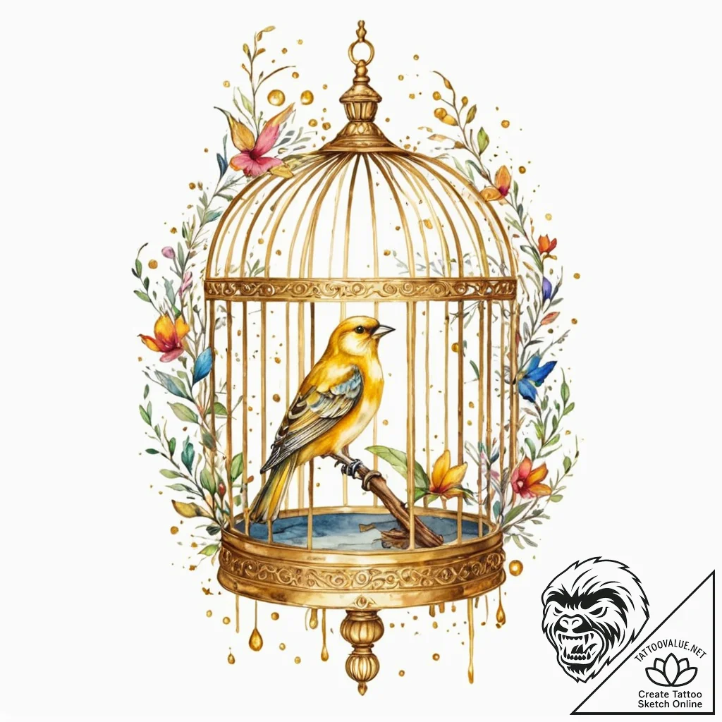 Tattoo sketch, golden cage, digital bird, an... - tattoo sketch (№1752462982_0, 14.07.2025 03:16) — tattoovalue.net