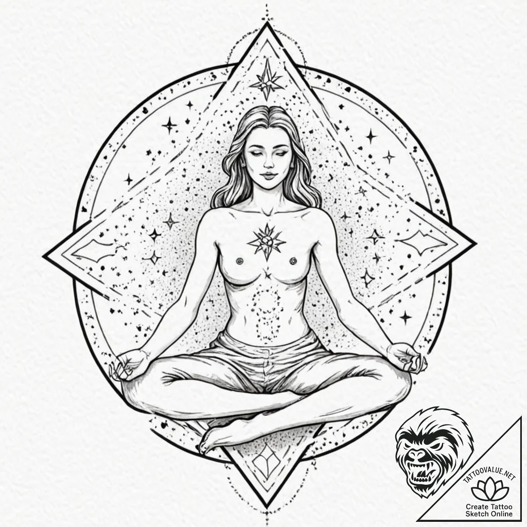 Tattoo sketch, zenith meditator, cosmic conne... - tattoo sketch (№1752463408_0, 14.07.2025 03:23) — tattoovalue.net