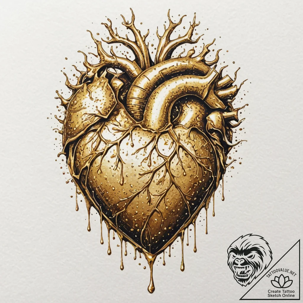 Tattoo sketch, molten gold heart, solidifying... - tattoo sketch (№1752463492_0, 14.07.2025 03:24) — tattoovalue.net