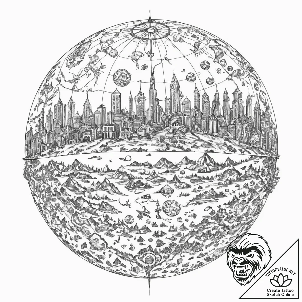 Tattoo sketch, imagined futures globe, a styl... - tattoo sketch (№1752463659_0, 14.07.2025 03:27) — tattoovalue.net