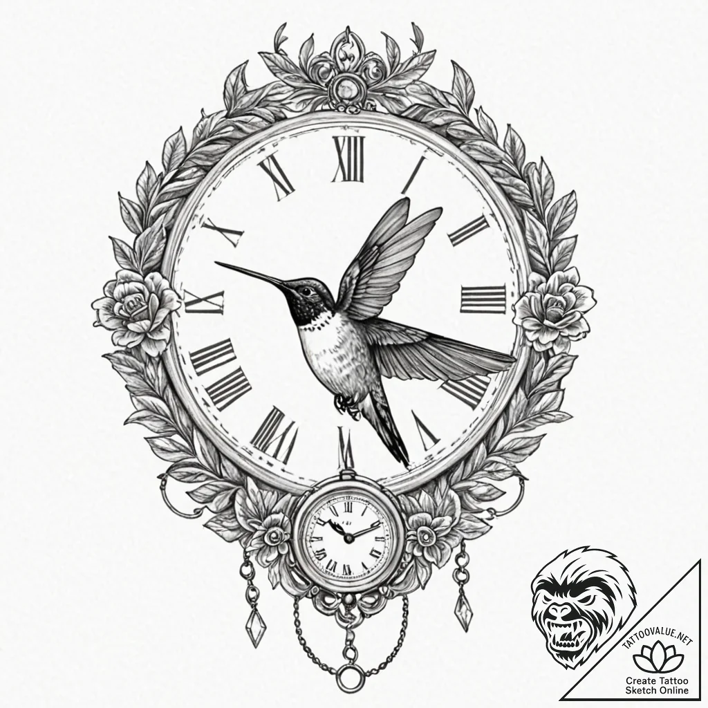 Tattoo sketch, hummingbird timekeeper, a tiny... - tattoo sketch (№1752464335_0, 14.07.2025 03:38) — tattoovalue.net