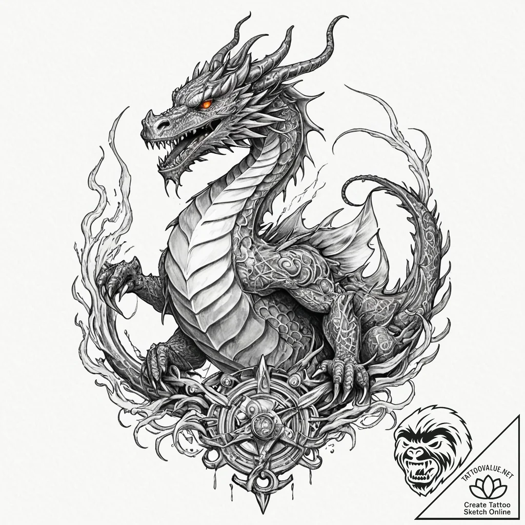 Tattoo sketch, industrial dragon, steam & spa... - tattoo sketch (№1752466283_0, 14.07.2025 04:11) — tattoovalue.net