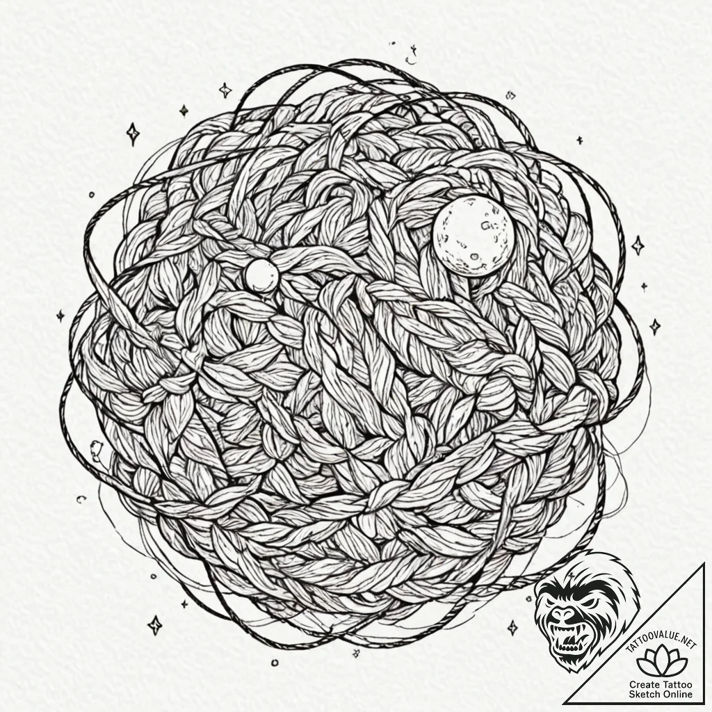 Tattoo sketch, cosmic yarn ball: a tangled ba... - tattoo sketch (№1752466451_0, 14.07.2025 04:14) — tattoovalue.net