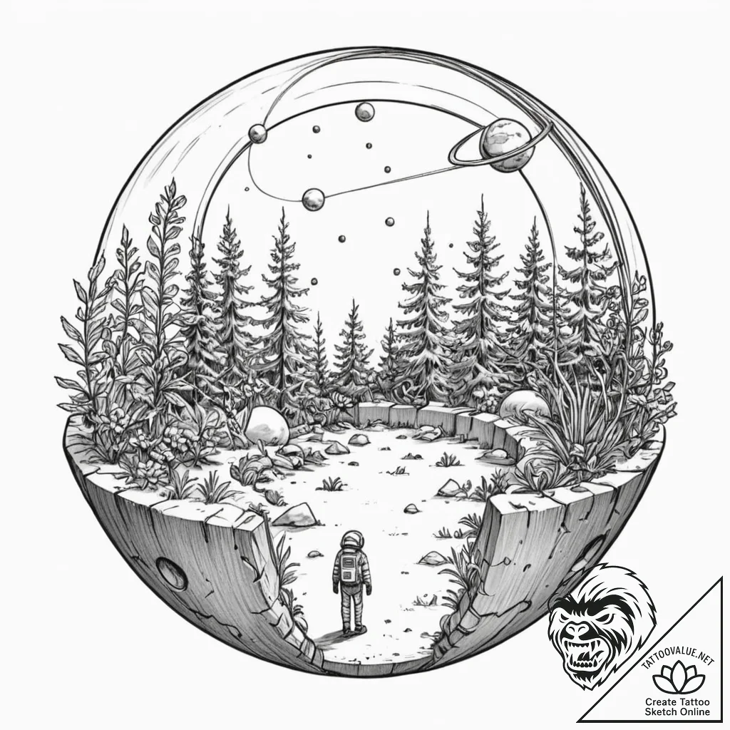 Tattoo sketch, orbital oasis garden, a miniat... - tattoo sketch (№1752466952_0, 14.07.2025 04:22) — tattoovalue.net