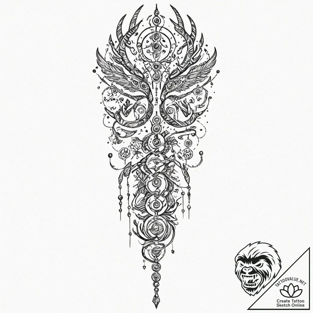 Tattoo sketch, shamanic staff, data totems, a... - tattoo sketch (№1752467288_0, 14.07.2025 04:28) — tattoovalue.net