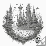 Tattoo sketch, undersea luminous city (bio-di… – tattoo sketch (№1752468290_0, 14.07.2025 04:44) — tattoovalue.net