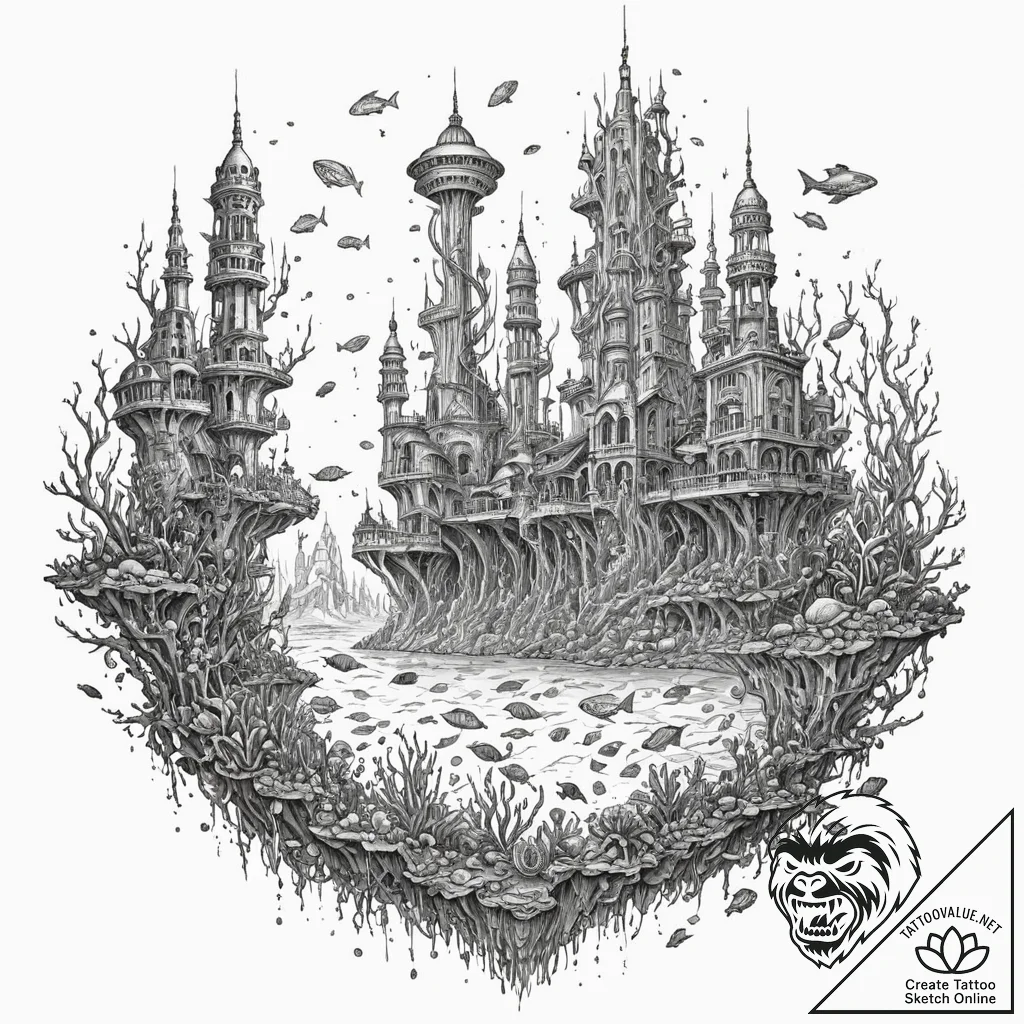 Tattoo sketch, undersea luminous city (bio-di... - tattoo sketch (№1752468290_0, 14.07.2025 04:44) — tattoovalue.net