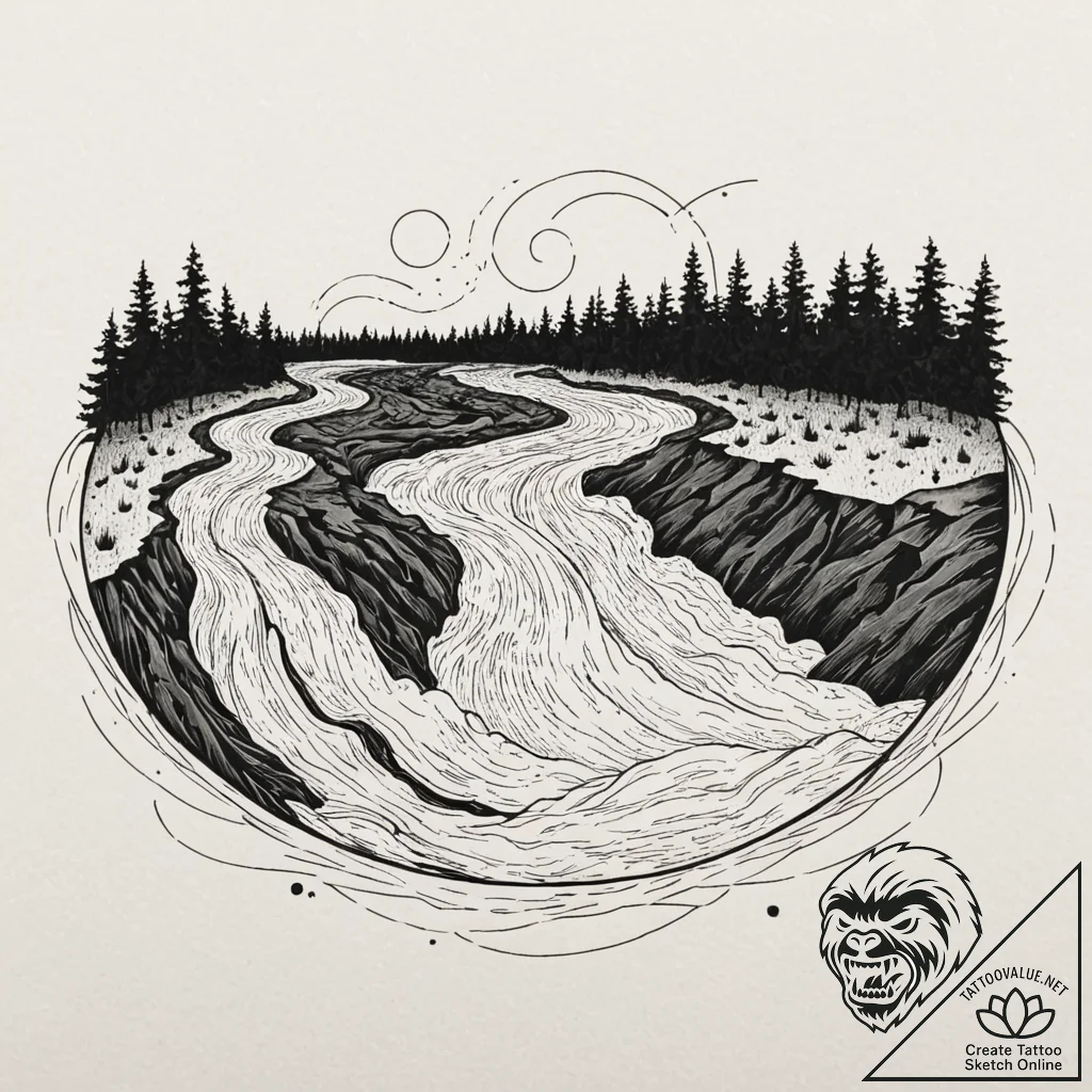 Tattoo sketch, tidal bore, data flow, a power... - tattoo sketch (№1752468375_0, 14.07.2025 04:46) — tattoovalue.net