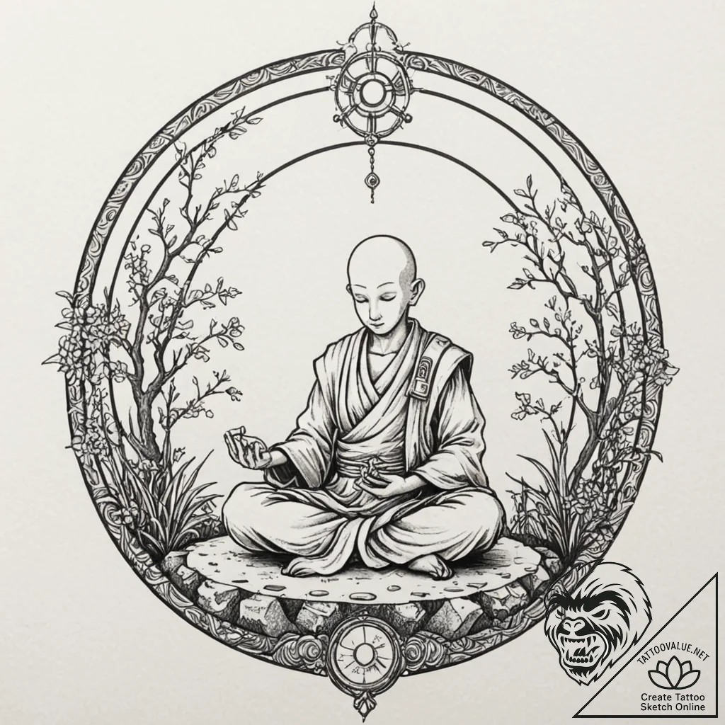 Tattoo sketch, mech-monk's meditation garden,... - tattoo sketch (№1752468460_0, 14.07.2025 04:47) — tattoovalue.net