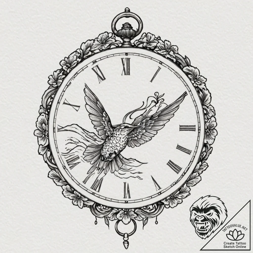 Tattoo sketch, hummingbird timekeeper, a tiny... - tattoo sketch (№1752468963_0, 14.07.2025 04:56) — tattoovalue.net
