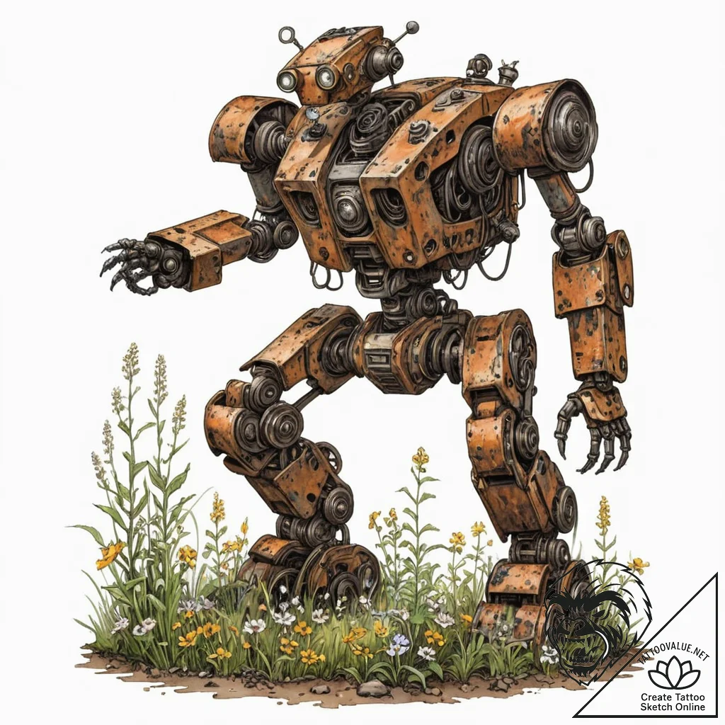 Tattoo sketch, rusted robot, reclaimed by rus... - tattoo sketch (№1752469383_0, 14.07.2025 05:03) — tattoovalue.net