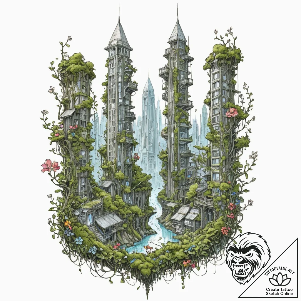Tattoo sketch, urban utopia, bioluminescent o... - tattoo sketch (№1752470071_0, 14.07.2025 05:14) — tattoovalue.net