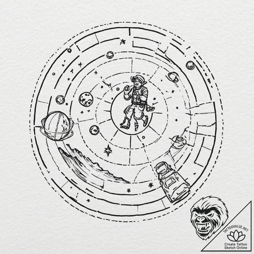 Tattoo sketch, exhausted explorer, cosmic map... - tattoo sketch (№1752470148_0, 14.07.2025 05:15) — tattoovalue.net