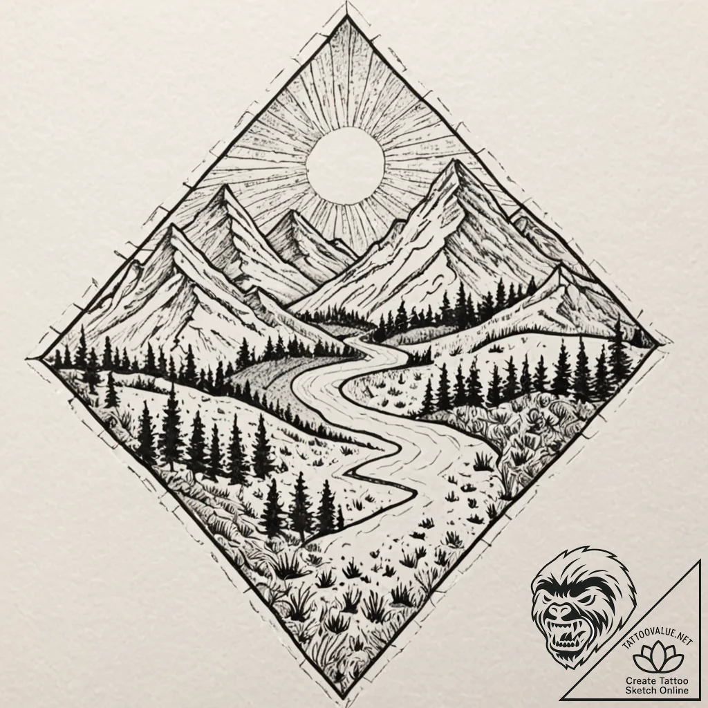Tattoo sketch, quilted landscape of resilienc... - tattoo sketch (№1752470820_0, 14.07.2025 05:27) — tattoovalue.net