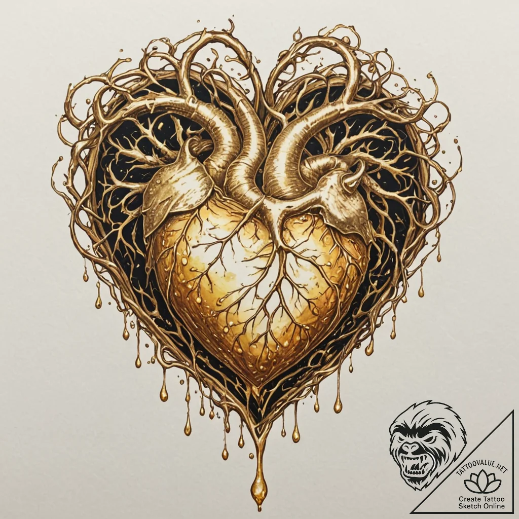 Tattoo sketch, molten gold heart, solidifying... - tattoo sketch (№1752470988_0, 14.07.2025 05:29) — tattoovalue.net