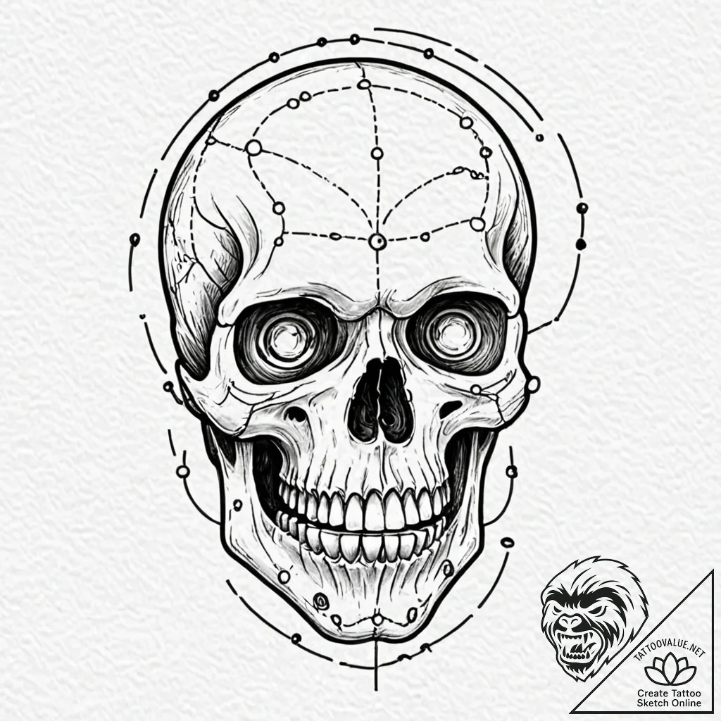 Tattoo sketch, grinning skull, data stream ey... - tattoo sketch (№1752471657_0, 14.07.2025 05:40) — tattoovalue.net