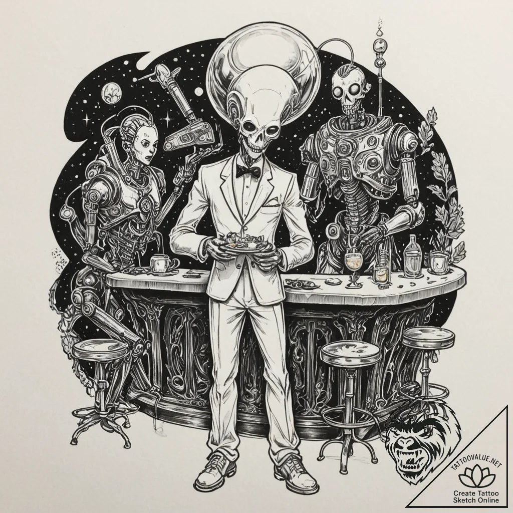 Tattoo sketch, baroque-style robot butler ser... - tattoo sketch (№1752471743_0, 14.07.2025 05:42) — tattoovalue.net