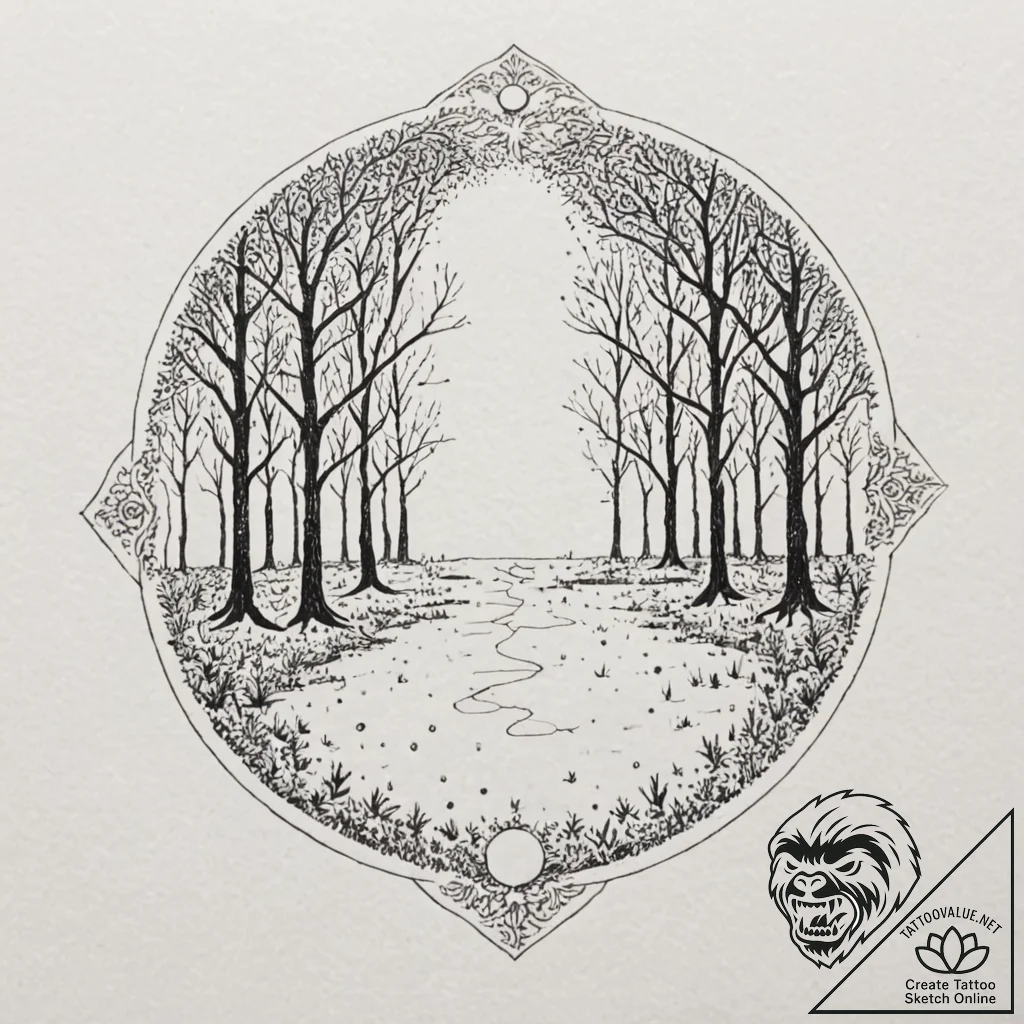 Tattoo sketch, moonlit quantum forest, a dark... - tattoo sketch (№1752472078_0, 14.07.2025 05:47) — tattoovalue.net