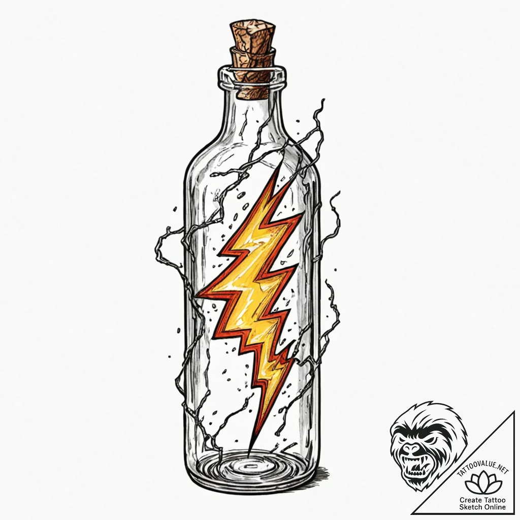 Tattoo sketch, bottled lightning bolt, contai... - tattoo sketch (№1752472500_0, 14.07.2025 05:55) — tattoovalue.net
