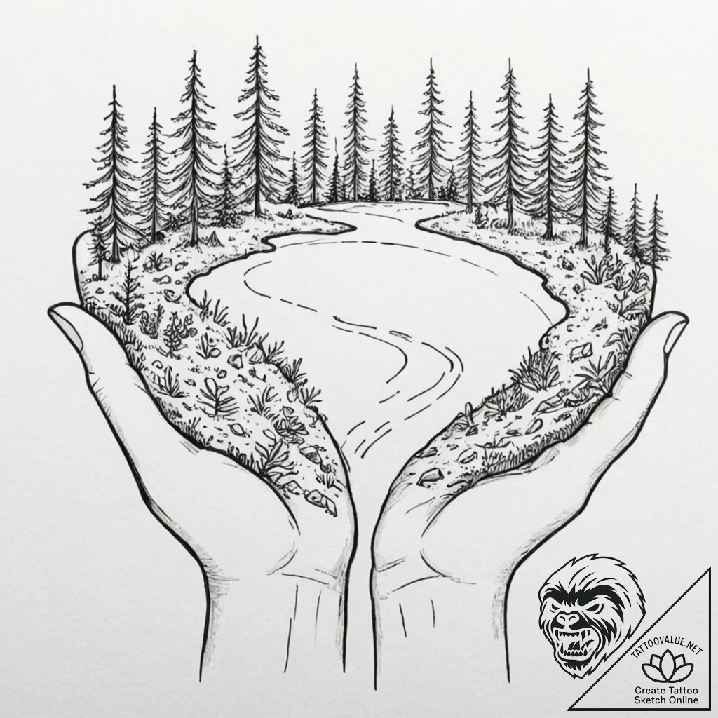Tattoo sketch, integrated ecosystem hand, a h... - tattoo sketch (№1752473000_0, 14.07.2025 06:03) — tattoovalue.net
