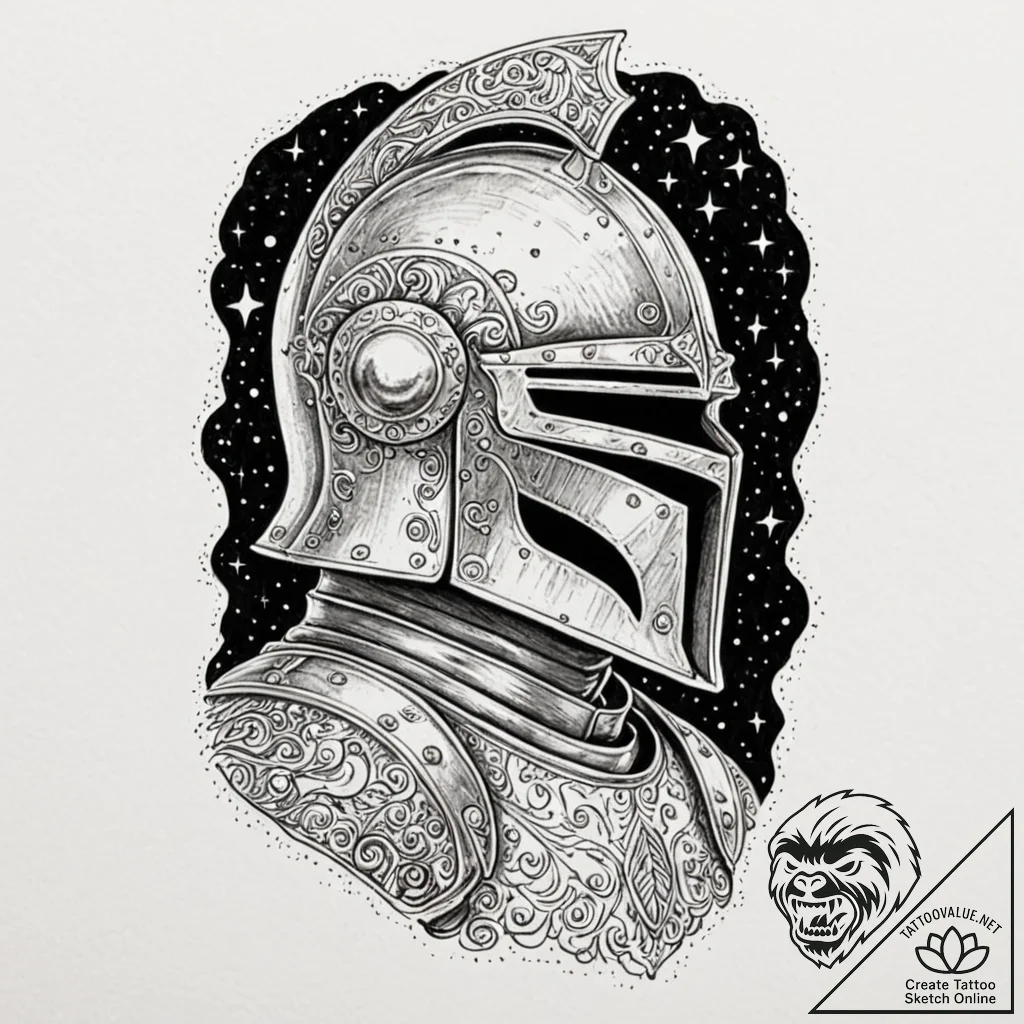 Tattoo sketch, knight's helmet, starlight vis... - tattoo sketch (№1752474262_0, 14.07.2025 06:24) — tattoovalue.net