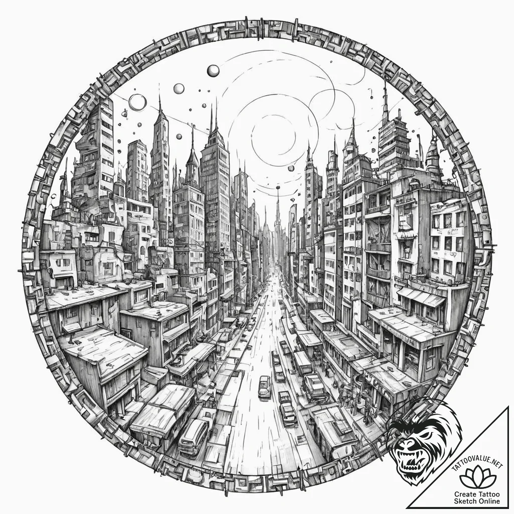 Tattoo sketch, vignette of vanishing city, a... - tattoo sketch (№1752474429_0, 14.07.2025 06:27) — tattoovalue.net