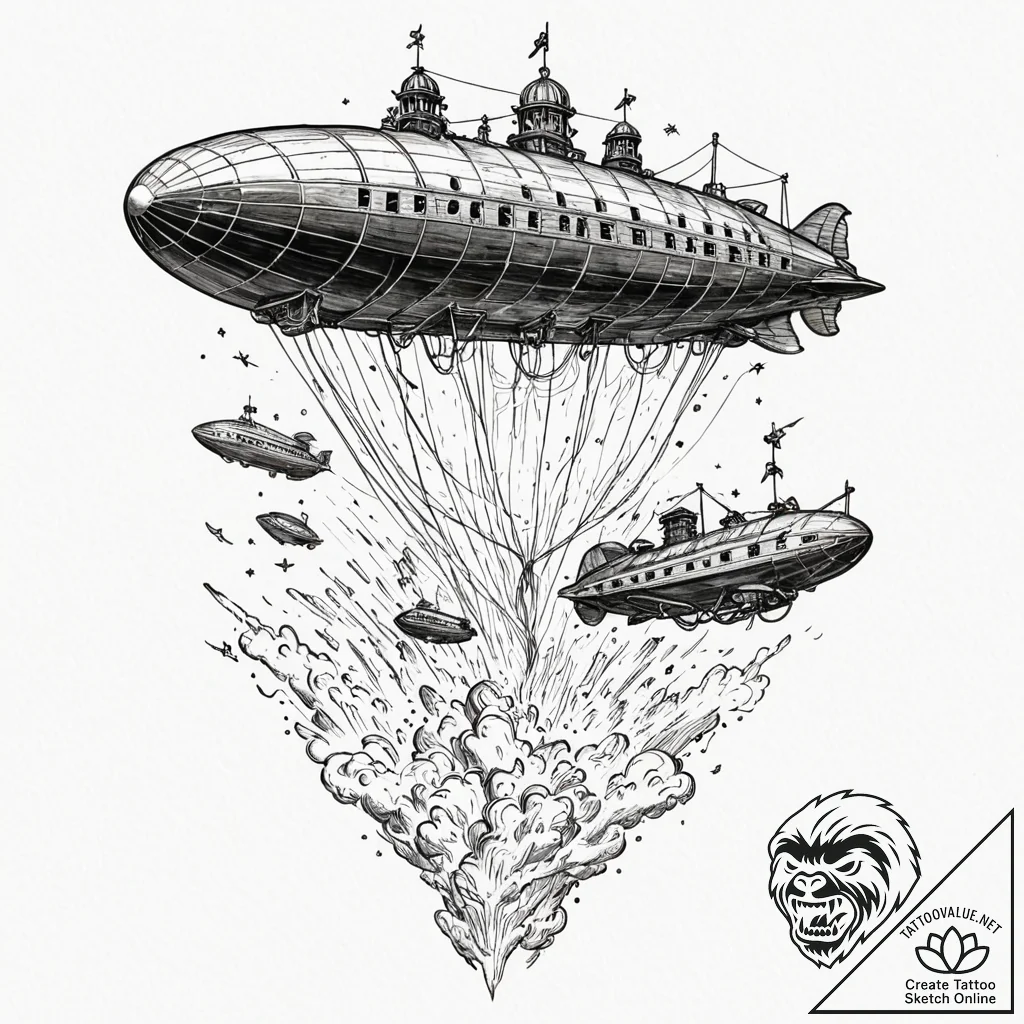 Tattoo sketch, zeppelin fleet, aurora-lit ski... - tattoo sketch (№1752474513_0, 14.07.2025 06:28) — tattoovalue.net
