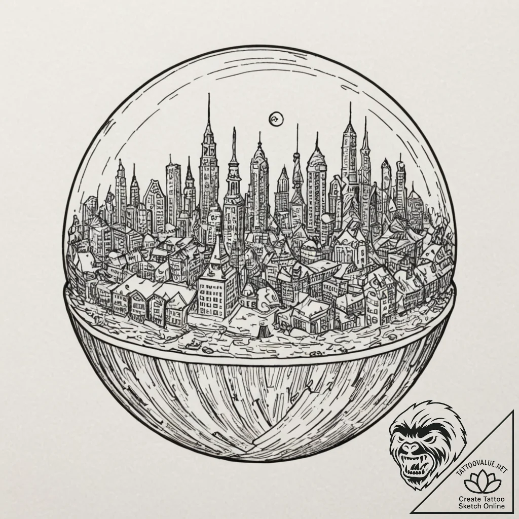 Tattoo sketch, cityscape in a crystal ball: a... - tattoo sketch (№1752474598_0, 14.07.2025 06:29) — tattoovalue.net