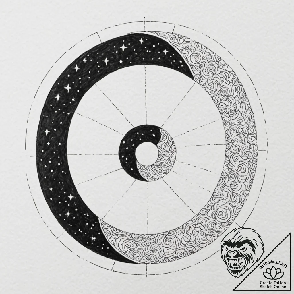 Tattoo sketch, yin-yang of day and night (dig... - tattoo sketch (№1752475353_0, 14.07.2025 06:42) — tattoovalue.net