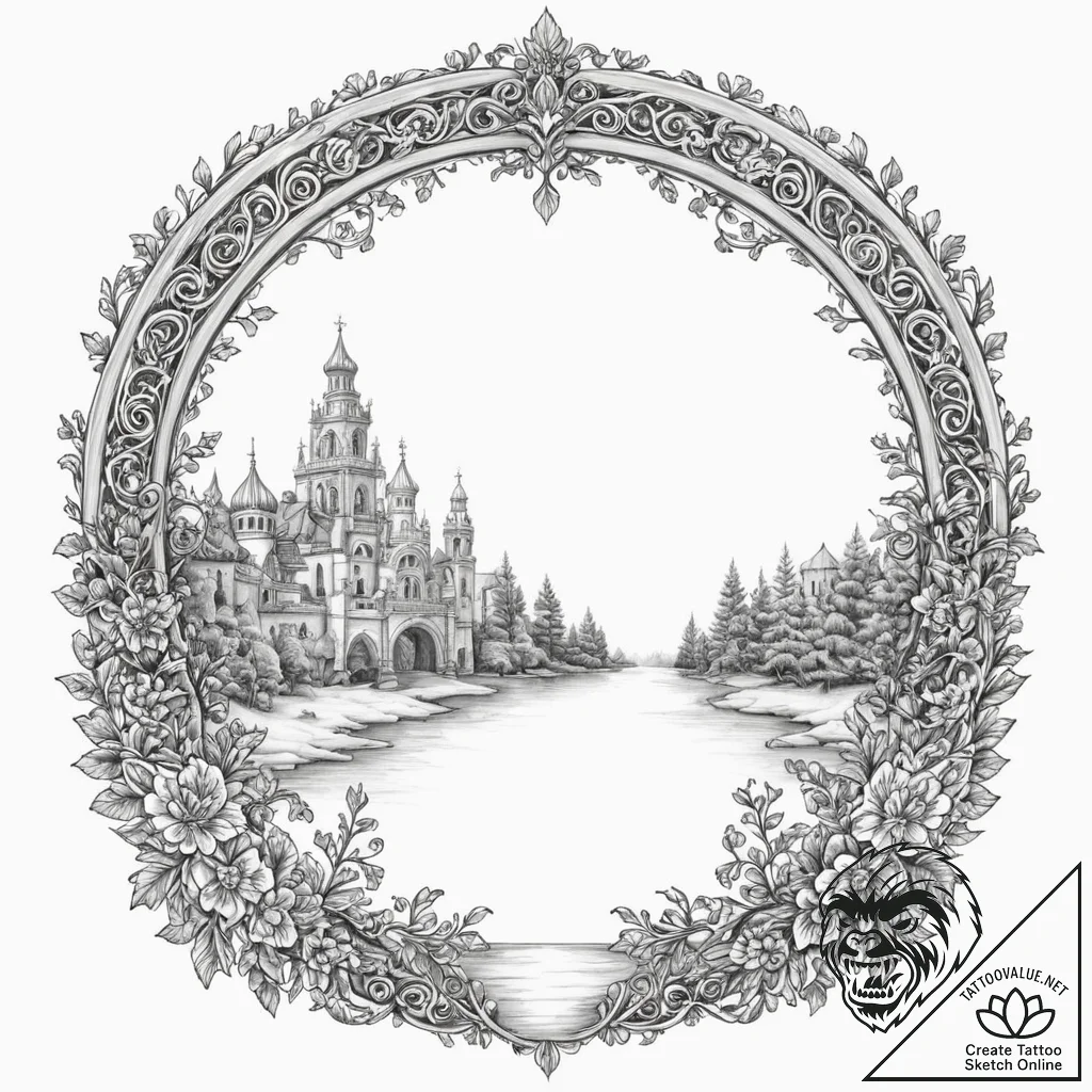 Tattoo sketch, an archway opening to a surrea... - tattoo sketch (№1752476193_0, 14.07.2025 06:56) — tattoovalue.net