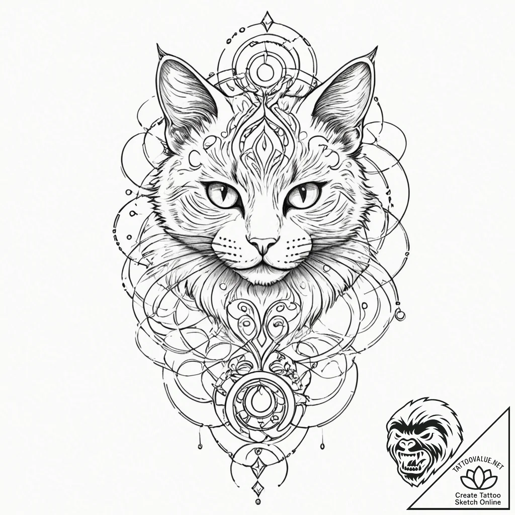 Tattoo sketch, quantum cat, shifting reality,... - tattoo sketch (№1752476449_0, 14.07.2025 07:00) — tattoovalue.net