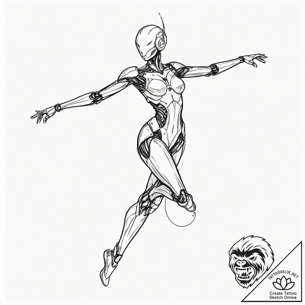 Tattoo sketch, joyful android dance, a sleek,... - tattoo sketch (№1752476956_0, 14.07.2025 07:09) — tattoovalue.net