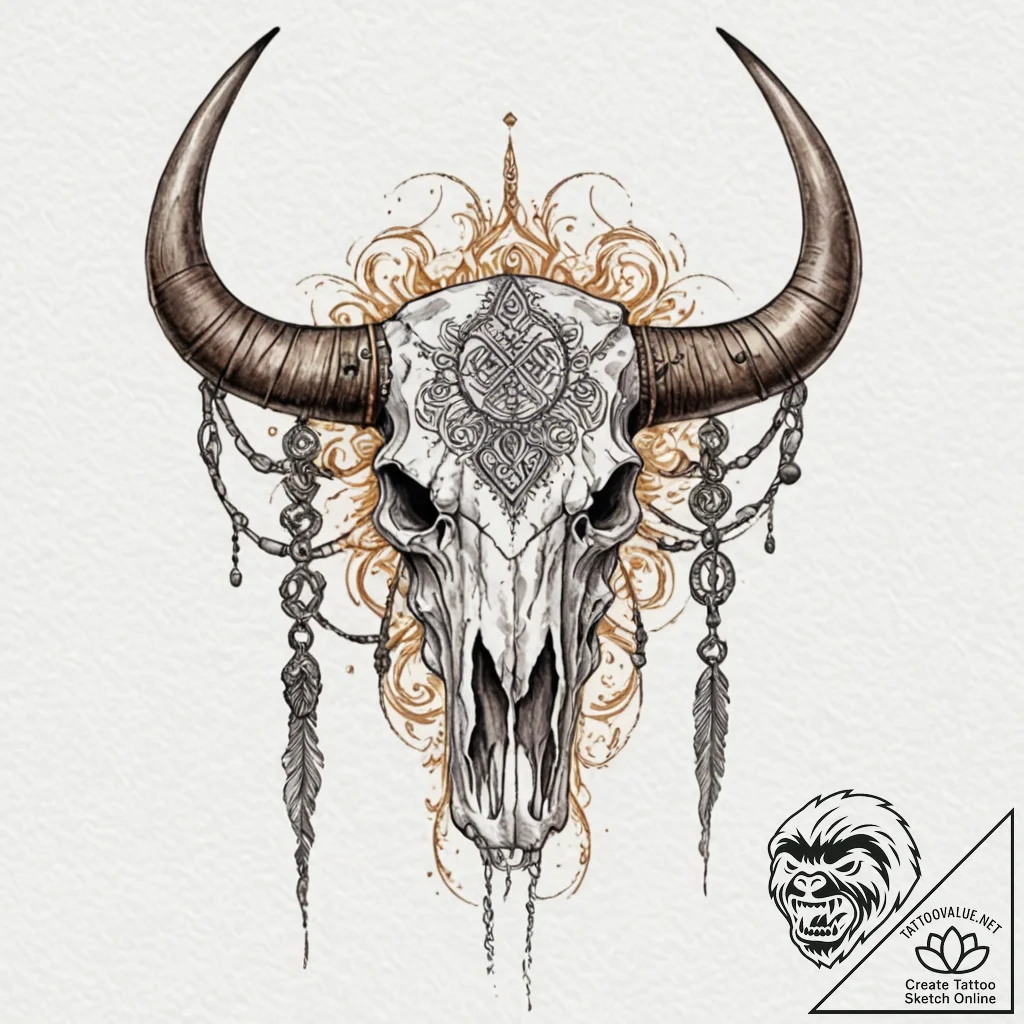 Tattoo sketch, yak skull, tribal tech runes,... - tattoo sketch (№1752477121_0, 14.07.2025 07:12) — tattoovalue.net