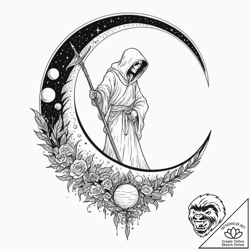 Tattoo sketch, scythe of cosmic harvest, a st... - tattoo sketch (№1752477282_0, 14.07.2025 07:14) — tattoovalue.net