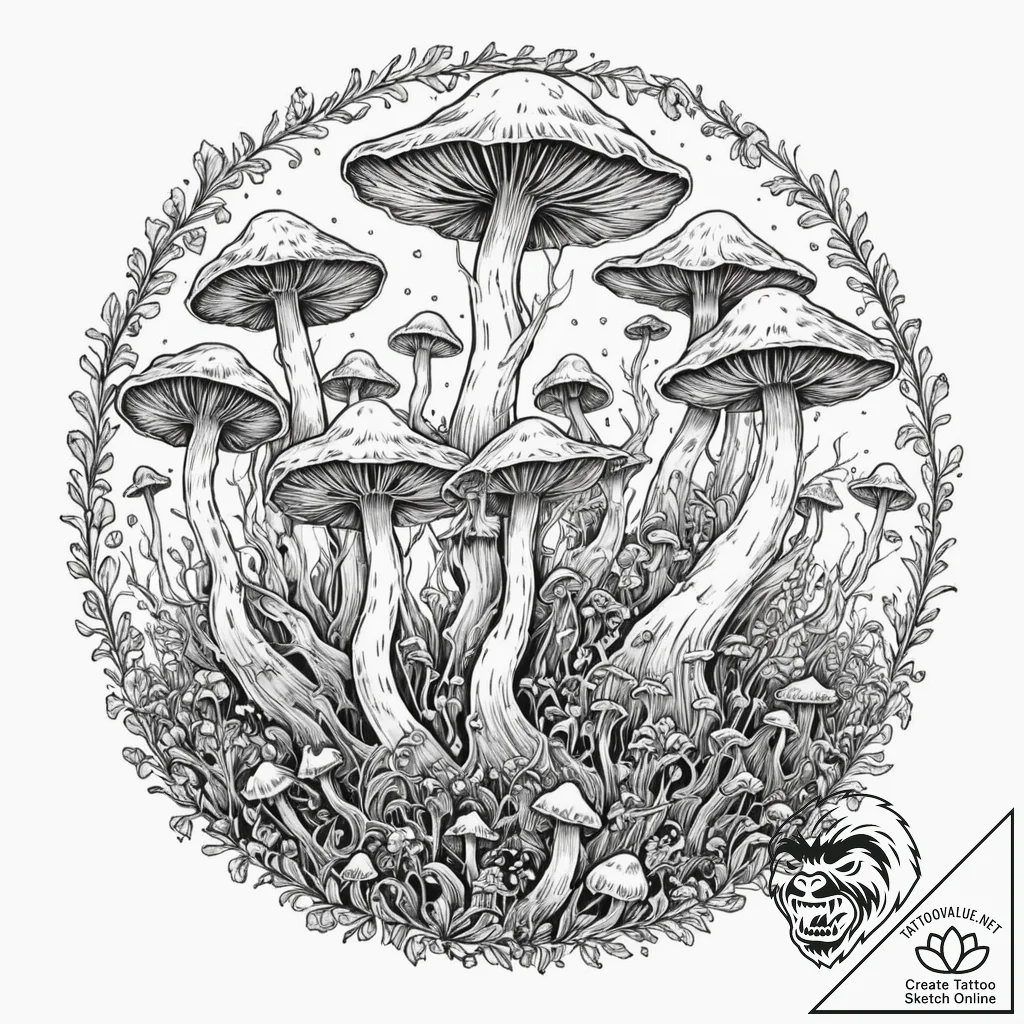 Tattoo sketch, fungal network portal, a clust... - tattoo sketch (№1752477869_0, 14.07.2025 07:24) — tattoovalue.net