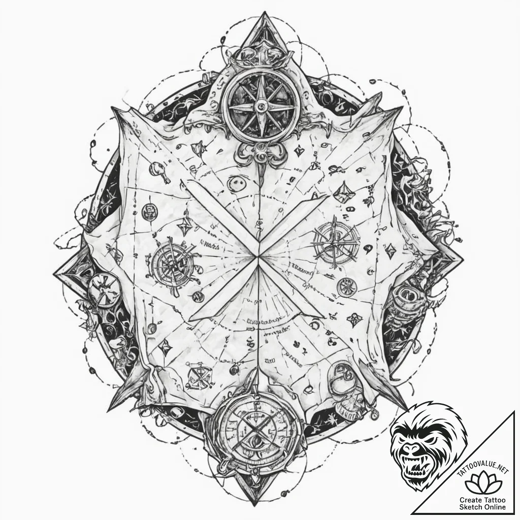 Tattoo sketch, x-marks the spot, data treasur... - tattoo sketch (№1752478038_0, 14.07.2025 07:27) — tattoovalue.net