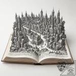 Tattoo sketch, hidden city in a book, an open… – tattoo sketch (№1752478121_0, 14.07.2025 07:28) — tattoovalue.net